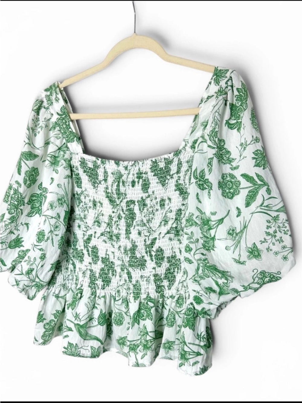 White & Green Floral Puff-Sleeve Peplum Top